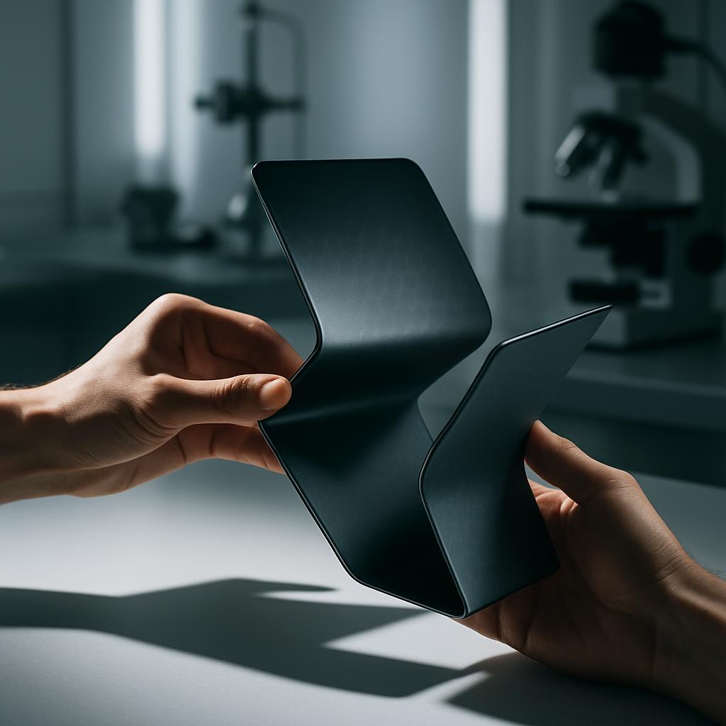A man holds a gray, metallic object resembling a card shape.