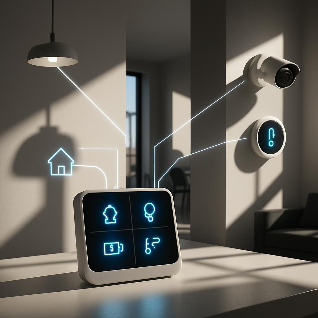 The picture shows a futuristic scheme of attaching microEMS receivers to an interior wall and a set of four buttons that c...