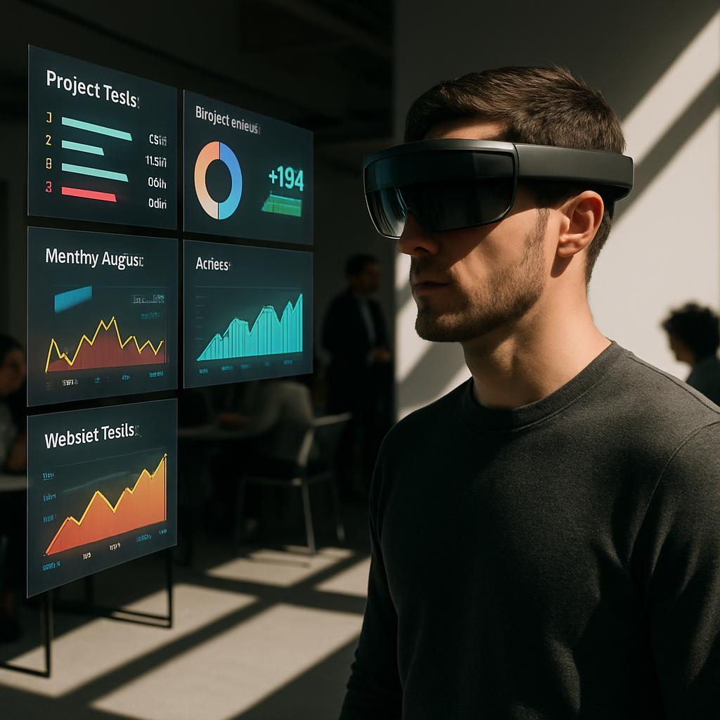 A man wearing a head-mounted display (HMD) with a data visualization screen in front of him.