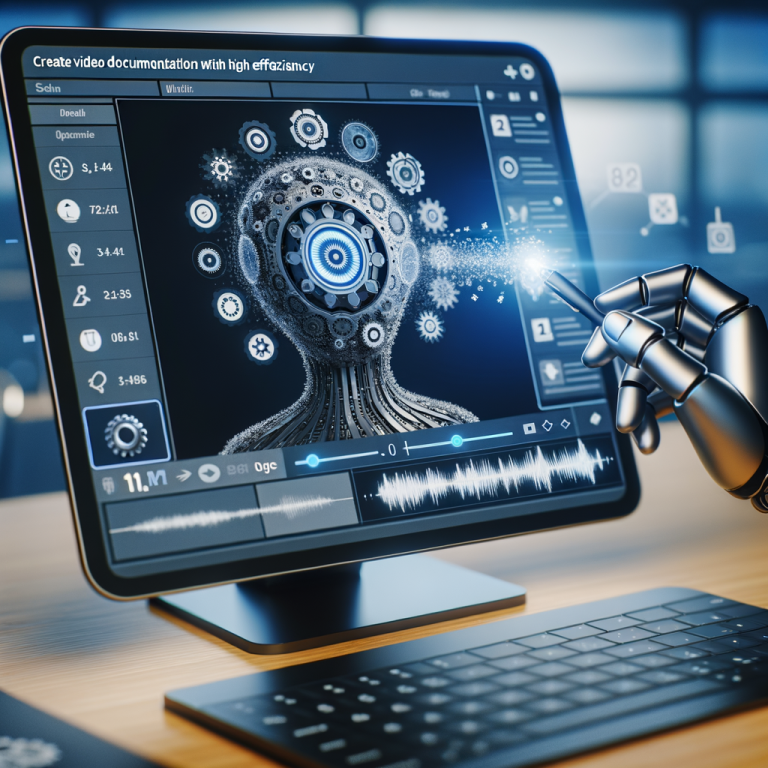 Visualize an advanced tool, designed to create video documentation with high efficiency. This tool uses artificial intelligence to explain complex concepts, thus speeding up the process. Imagine it being capable of completing the task 11 times faster than regular methods. The user interface is sleek and modern, indicating the advanced technology used to power this tool. A process is shown on the screen involving the artificial intelligence breaking down and explaining a difficult concept, demonstrating the tool's effectiveness.