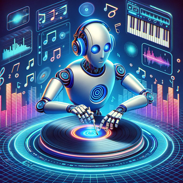 Illustration of an artificial intelligence DJ in a futuristic design, based in a digital environment. The AI DJ is spinning a virtual lo-fi beats mixed with piano sounds on its digital interface. Some 3D elements show the soundwaves and frequencies of the music being played. The setting is energetic, suggesting a lively music creation session. The words 'SoundSoup - Mix your own music vibe instantly just by speaking' are boldly inscribed at the top part of the image.