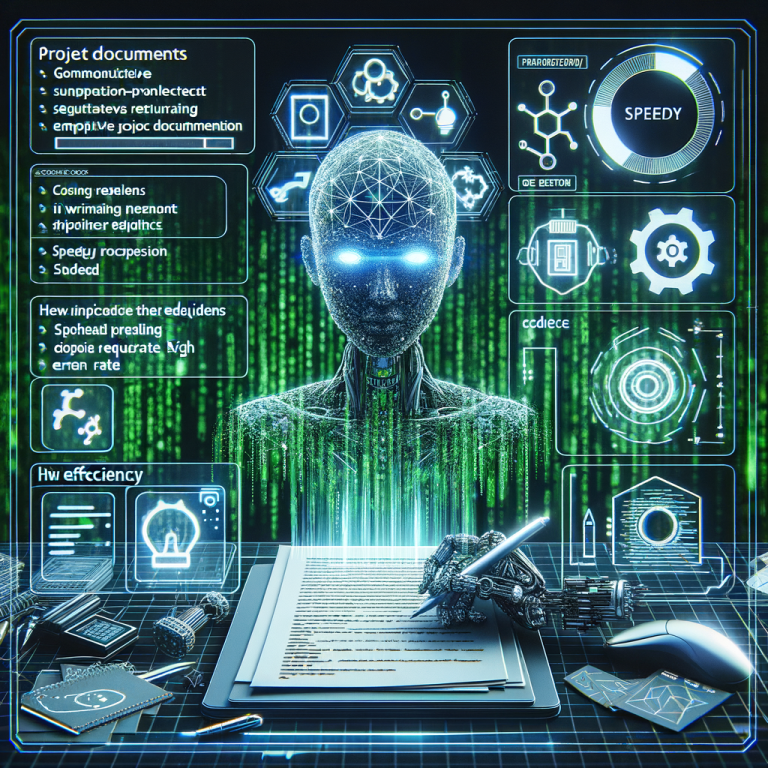 A visually detailed representation showcasing an AI system called 'Supadev' which helps in generating comprehensive project documentation. The focus is to highlight the network's ability to understand precise requirements thereby minimizing errors and improving coding speed. The interface shows a project document being written by AI in real-time, indicative of speedy processing. Surrounding this central focus are various tools and symbols commonly associated with coding and software development. A status bar at the bottom shows high efficiency and low error rate statistics. In the background, translucent matrix-style green codes are cascading, symbolizing the machine intelligence at work.