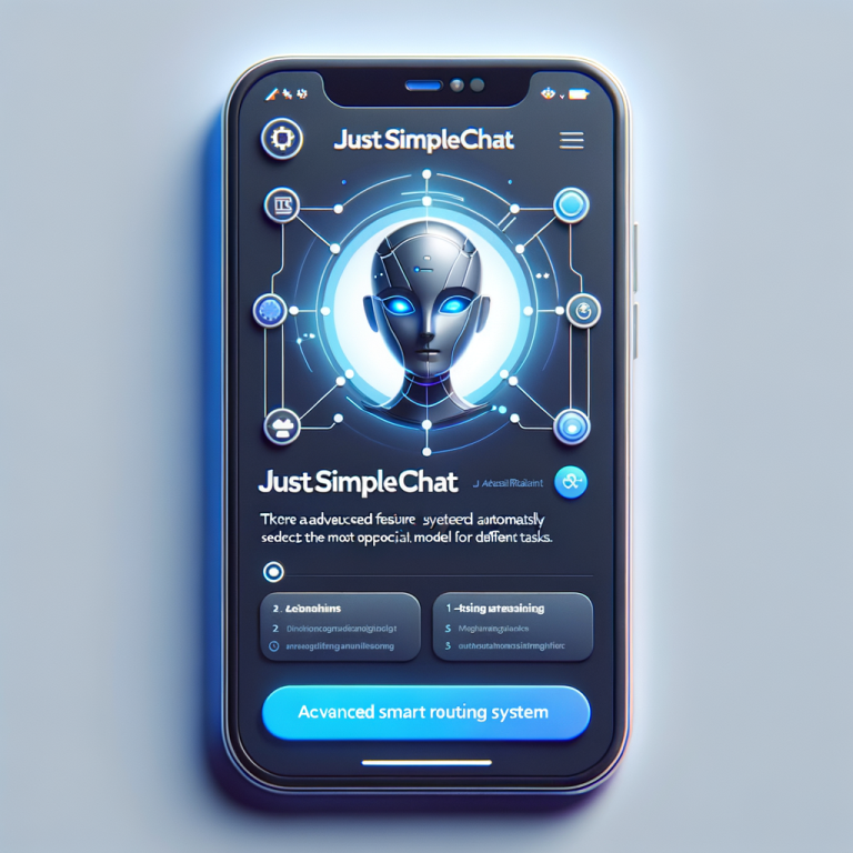 A sleek and intuitive chat application interface with a URL and label at the top reading 'JustSimpleChat'. Underneath, it has tabs for accessing over 200 Artificial Intelligence models. There's an advanced feature visualized as a smart routing system displayed which automatically selects the most appropriate model for different tasks.