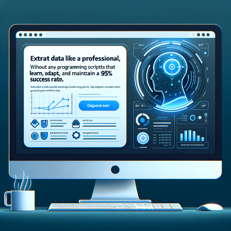 Illustrate an image of a minimal and intuitive web interface on a computer screen, showcasing an artificial intelligence program in action. The program appears to be learning and adapting, seamlessly extracting and organizing data. Beside the display, there's a claim stating, 'Extract data like a professional, without any programming, thanks to smart AI scripts that learn, adapt and maintain a 95% success rate.' to imply the high efficiency of the program.
