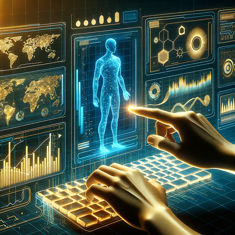Conceptual art of an AI-driven diagramming process. Depict a digital interface displaying charts, graphs and data points. Use hues of electric blue and gold to symbolize the dynamic and innovative approach. To show the simplicity of the process, illustrate a human figure of a Caucasian male, mid-30s, interacting with the interface, by typing on a futuristic, transparent keyboard. Add a chat bubble above the interface to show that the process is as simple as chatting.