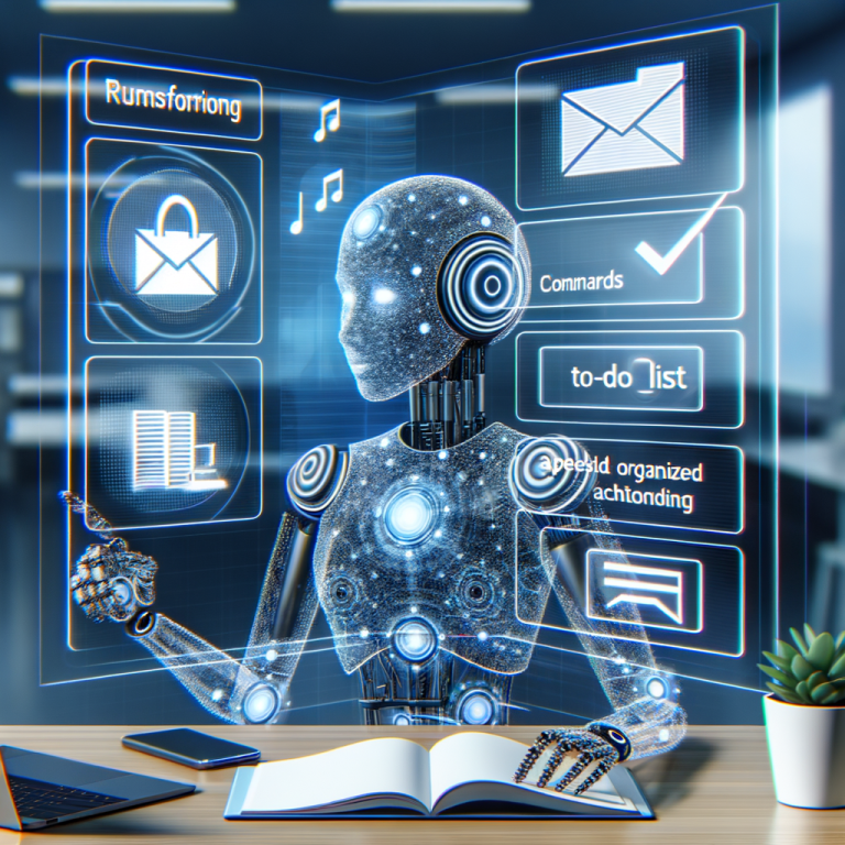 Create an abstract digital representation of an advanced AI system managing tasks. The AI should be shown transforming spoken and written commands (perhaps visualized as emails) into neatly organised, actionable to-do lists. The environment should be modern and clean, hinting at the futuristic and efficient nature of this technology.