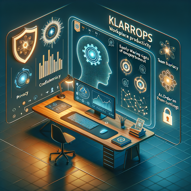 Visualize a concept for a workplace productivity software named Klarops. The interface features modern design with a dashboard displaying visualizations of team productivity. It also incorporates elements indicating early warning signs of employee burnout. To emphasize its focus on privacy, incorporate elements of a shield or locker symbolizing safety and confidentiality. Also, embed subtle references to Artificial Intelligence like brain icons or circuit patterns, representing the AI-driven insights provided by the software.