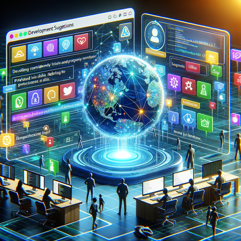 Visualize a contemporary and high-tech development workflow environment. It's filled with AI-driven suggestions that appear as colorful notifications, helping the user with their tasks. There's a feeling of security weaved into the design, suggesting protection and privacy. The workflow happens within a modern terminal window that floats in a 3D space, powered by advanced technology. Several users can interact with the terminal simultaneously, indicating a real-time collaboration feature. Digital threads connect these contributors, representing the sharing of thoughts and ideas.