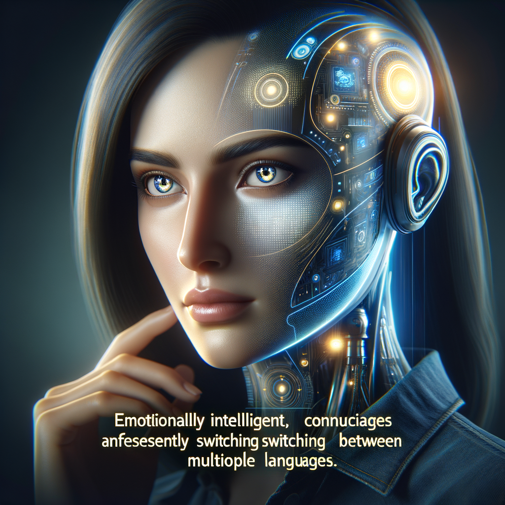 Create an image of an AI avatar looking emotionally intelligent with expressive features. The avatar communicates in a potent and natural way, effortlessly switching between multiple languages. It is interactive and responsive, seemingly carrying on conversations in real time.