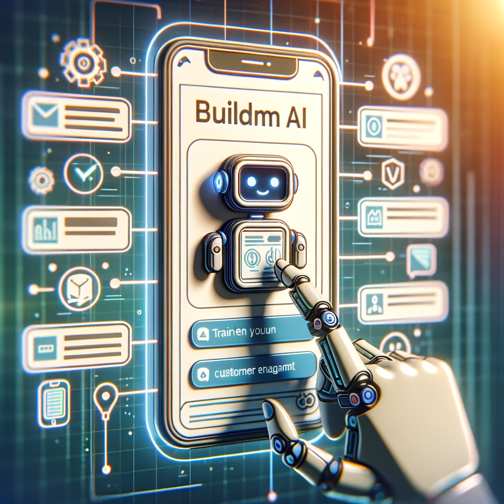 An illustration of a digital interface that showcases the process of building custom chatbots. The screen shows various options for personalizing the AI, with pointers highlighting features that cater to customer engagement. The background subtly indicates that the AI is trained on the user's specific documents or website content, enhancing its performance and adaptability. It's important to envisage this scene in a modern and clean tech aesthetic, with bright and contrasting colors to emphasize the user-friendly nature of the platform.
