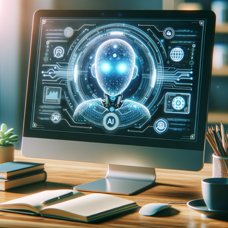 Visualize an artificial intelligence assistant on a desktop computer screen. The AI assistant has a futuristic design with a glowing interface that showcases its advanced capabilities. It has icons indicating different functionalities, including data processing. The setting is personal, with various personal items like notebooks and a coffee cup around, emphasizing the private nature of the AI assistant's operation. The location of the computing is depicted as being onsite, rather than on a cloud or off-site server, to signify local data processing.