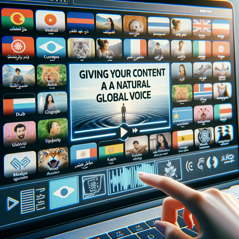 Create an image of a platform displaying a selection of videos dubbed into various languages. Languages from all over the world are represented, from Europe to Asia to Africa. The platform has a clear and user-friendly design, with a menu section where users can choose the language of the videos. Overlaid on the display are captions in various languages, demonstrating the dubbed content's natural and high-quality translation. Additionally, visualize the phrase 'Giving your content a natural global voice', as an illustrative slogan on the platform.