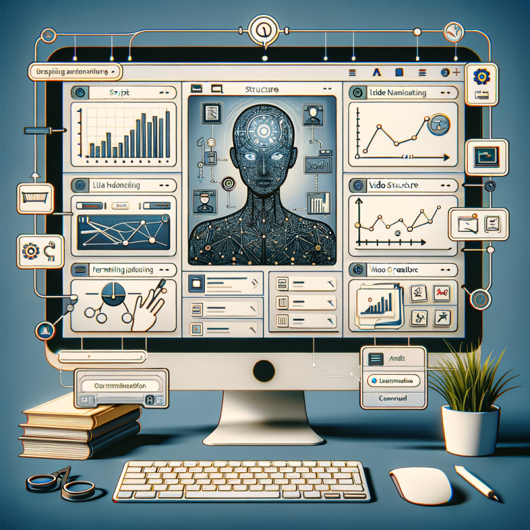 Visualize an AI tool with the ability to streamline video creation. It bypasses the drain of time by handling scripting, structure, and formatting tasks. The interface of this AI tool is user-friendly with clear command buttons and icons. Various windows in the interface show tasks like script writing, video structure designing, and formatting options. Perhaps some line diagrams or flat illustrations could represent the video creation process being automated, hinting towards an AI-powered future of video production.