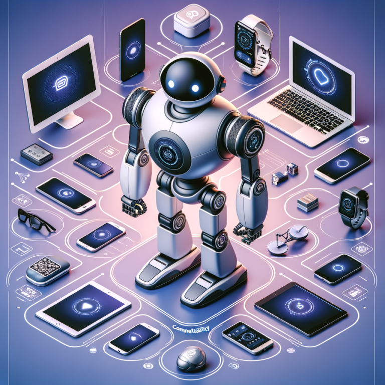 Design an advanced compatibility-checking robot named 'Compatibot'. This robot functions as a guide in the technological world, helping individuals determine which gadgets are compatible with each other. Its design is sleek and modern, reflecting its role in the tech industry. It should embody a sense of ease and efficiency to eliminate compatibility issues. Around it, portray various tech gadgets that people commonly use in their daily lives, indicating the variety of devices it can check for compatibility. Think smartphones, laptops, tablets, smart watches, etc. all carried out in a setup that represents different lifestyle scenarios.