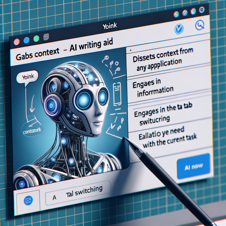 An AI application window showing how it grabs context from any application. The AI dissects the information in the context, engages in the writing process, and allows the user to concentrate and stay engaged with the current task, eliminating the need for tab switching. A label 'Yoink - AI Writing Aid' is displayed at the top of the app window.