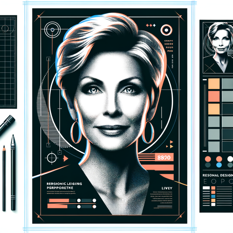Create an image where the central focus is a stylized poster featuring a realistic selfie of an individual. The individual should be a middle-aged Caucasian woman with short blonde hair. Design the poster so that it grabs attention, hints at her personal brand which is lively and dynamic, yet sophisticated. Include elements of graphic design such as bold typography and vibrant colors that complements and highlights the individual's features.