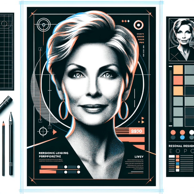 Create an image where the central focus is a stylized poster featuring a realistic selfie of an individual. The individual should be a middle-aged Caucasian woman with short blonde hair. Design the poster so that it grabs attention, hints at her personal brand which is lively and dynamic, yet sophisticated. Include elements of graphic design such as bold typography and vibrant colors that complements and highlights the individual's features.