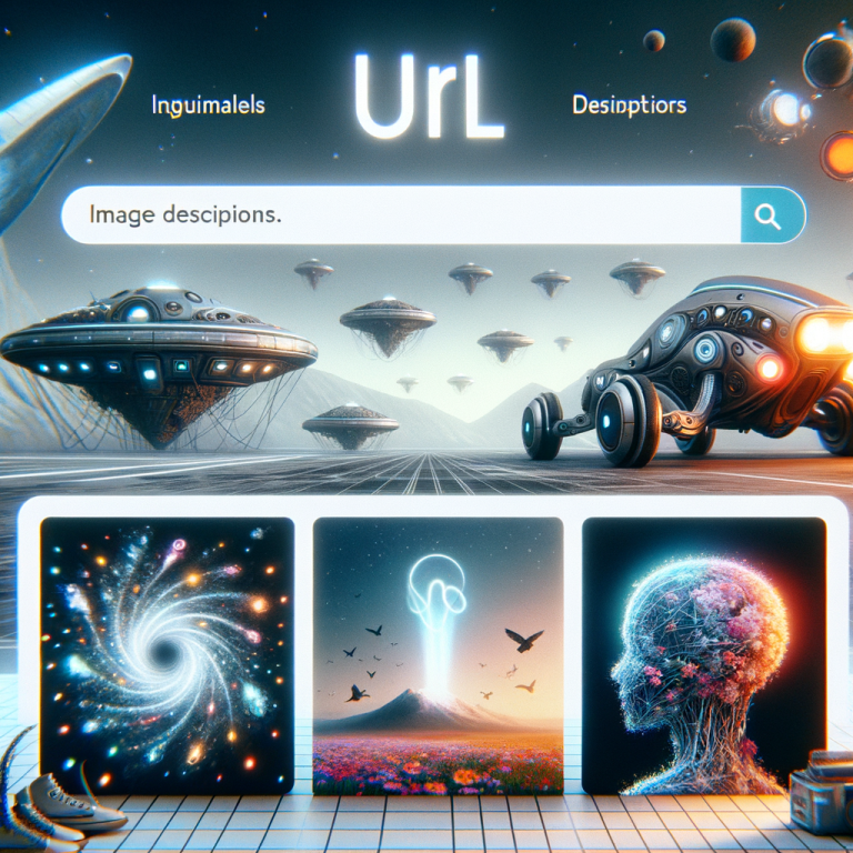 A futuristic yet minimalistic webpage illustrating the concept of AI-generated visuals. The webpage should feature a simple and intuitive interface, with a prominent URL bar at the top and a clean, spacious design that invites users to input their desired image descriptions. A few examples of AI-generated images are displayed beneath the URL bar to spark the users' creativity. The images show a diverse range of ideas, from an otherworldly sci-fi landscape to a realistic portrait, demonstrating the versatility of the AI. The overall color scheme of the website balances monochrome shades with pops of vibrant colors, complementing the futuristic tone.