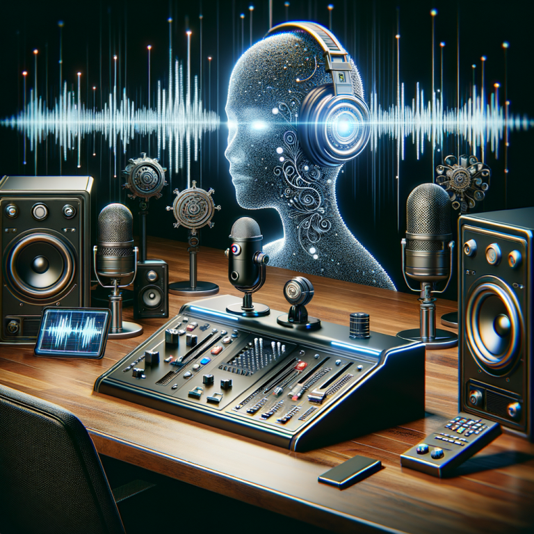 Visualize an AI-related environment where complex topics are being transformed into engaging podcasts. There are sophisticated machines involved, visual representations of sound waves, and a sleek console with multiple controls, signifying the AI's capability to generate a podcast with a single or dual voice selection. The atmosphere is rendered with a futuristic touch and high-tech elements, highlighting the aspect of AI in this environment.