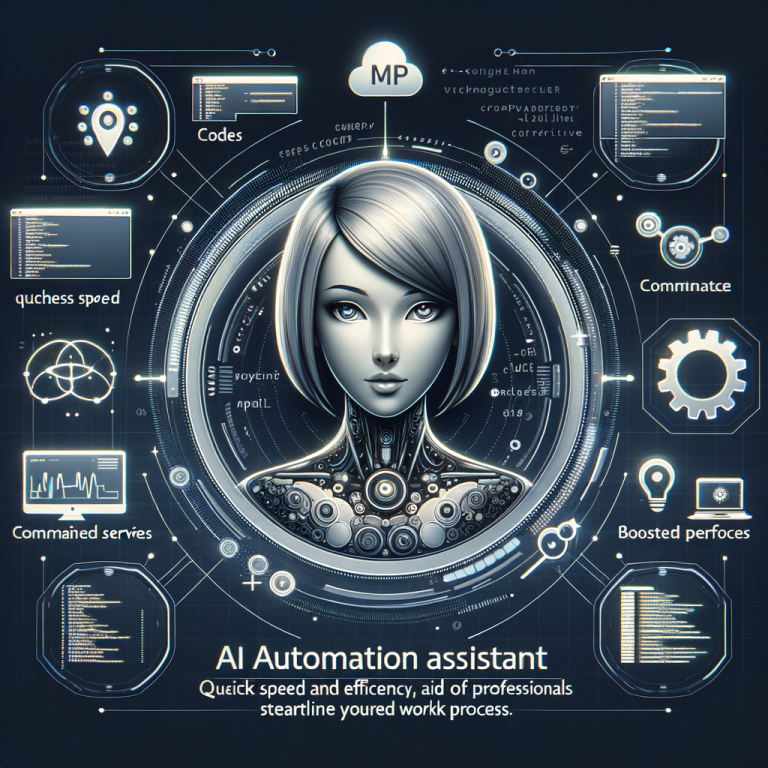 An image depicting an AI Automation Assistant named Alice. Alice is represented as a futuristic commanding interface with a sleek, minimalist design. She is known for her quick speed and efficiency, aiding professionals streamline their workflows. Clusters of codes and illustrations of efficient workflow process add to the theme. To emphasize her capabilities, include the MCP server symbol implying seamless, boosted performance.
