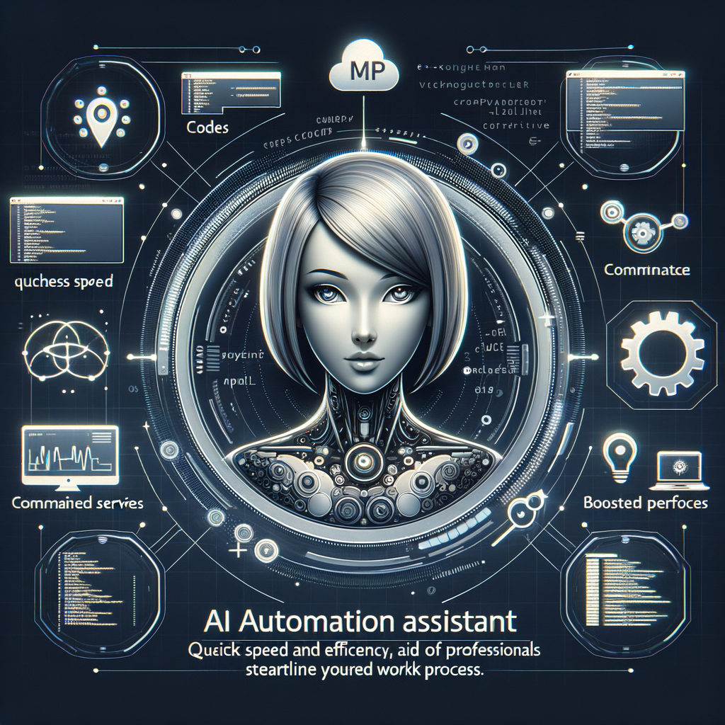 An image depicting an AI Automation Assistant named Alice. Alice is represented as a futuristic commanding interface with a sleek, minimalist design. She is known for her quick speed and efficiency, aiding professionals streamline their workflows. Clusters of codes and illustrations of efficient workflow process add to the theme. To emphasize her capabilities, include the MCP server symbol implying seamless, boosted performance.